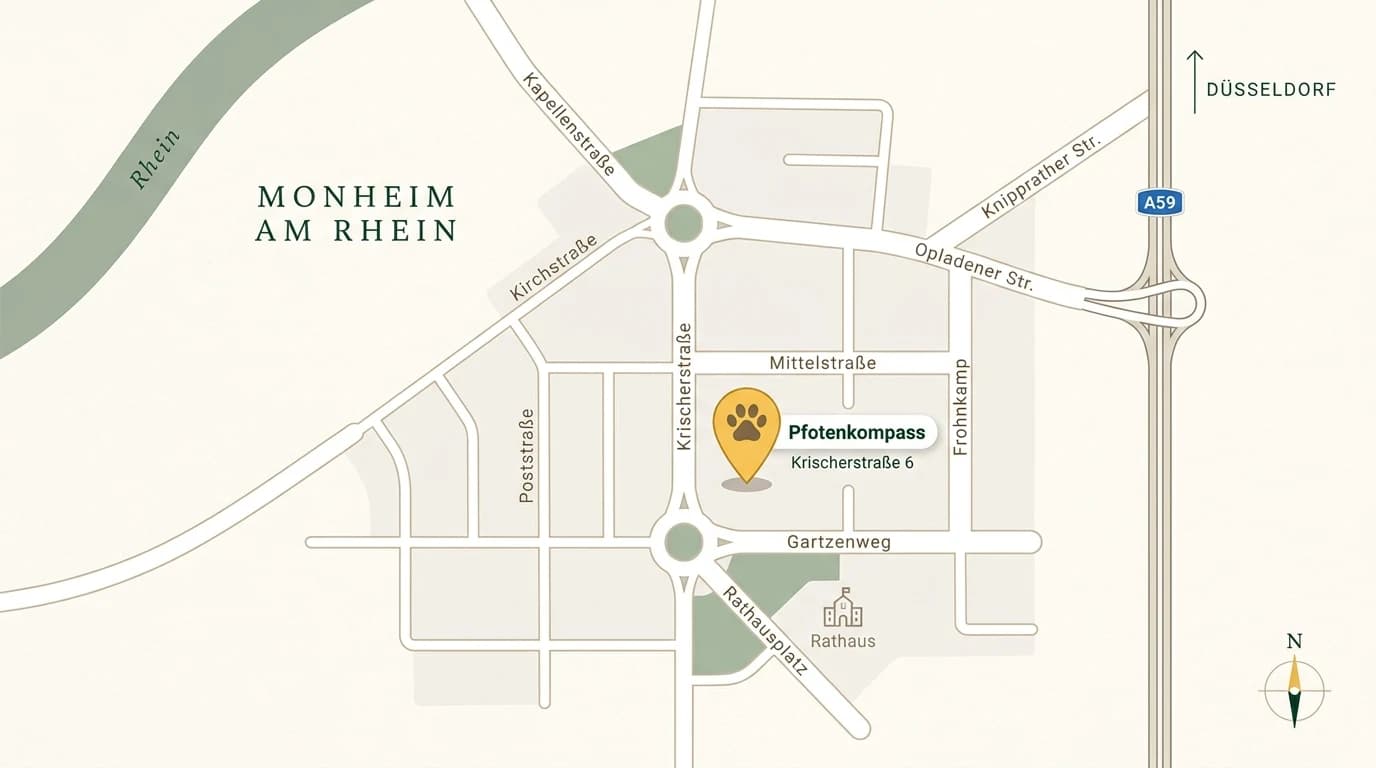 Gezeichnete Anfahrtskarte: Pfotenziel in der Krischerstraße 6 in Monheim am Rhein – an der Krischerstraße zwischen Mittelstraße und Gartzenweg, nahe dem Rathaus. Der Rhein liegt westlich, die A59 mit Richtung Düsseldorf östlich.