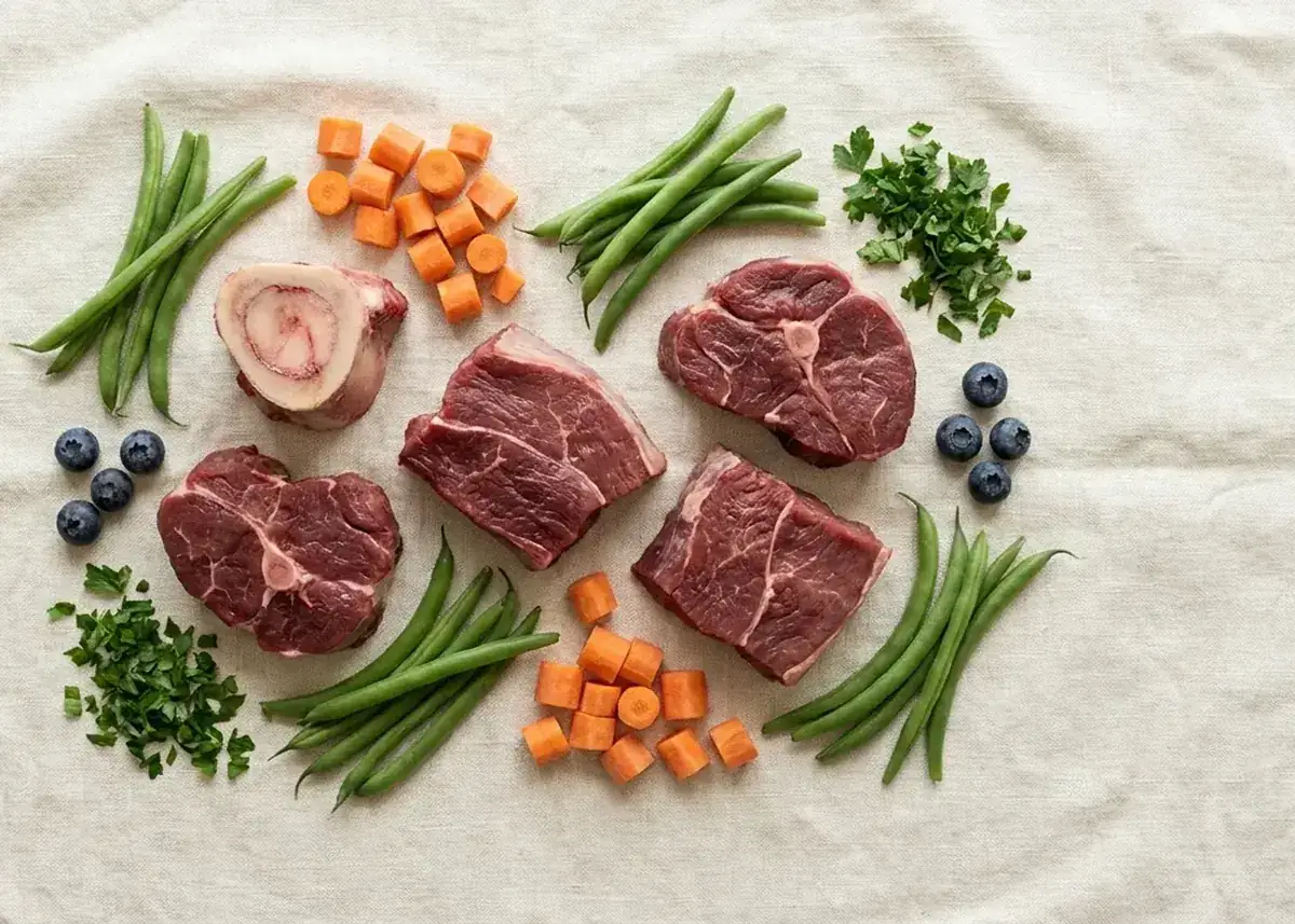 Frische BARF-Zutaten: rohes Fleisch, Knochen, Gemüse und Obst