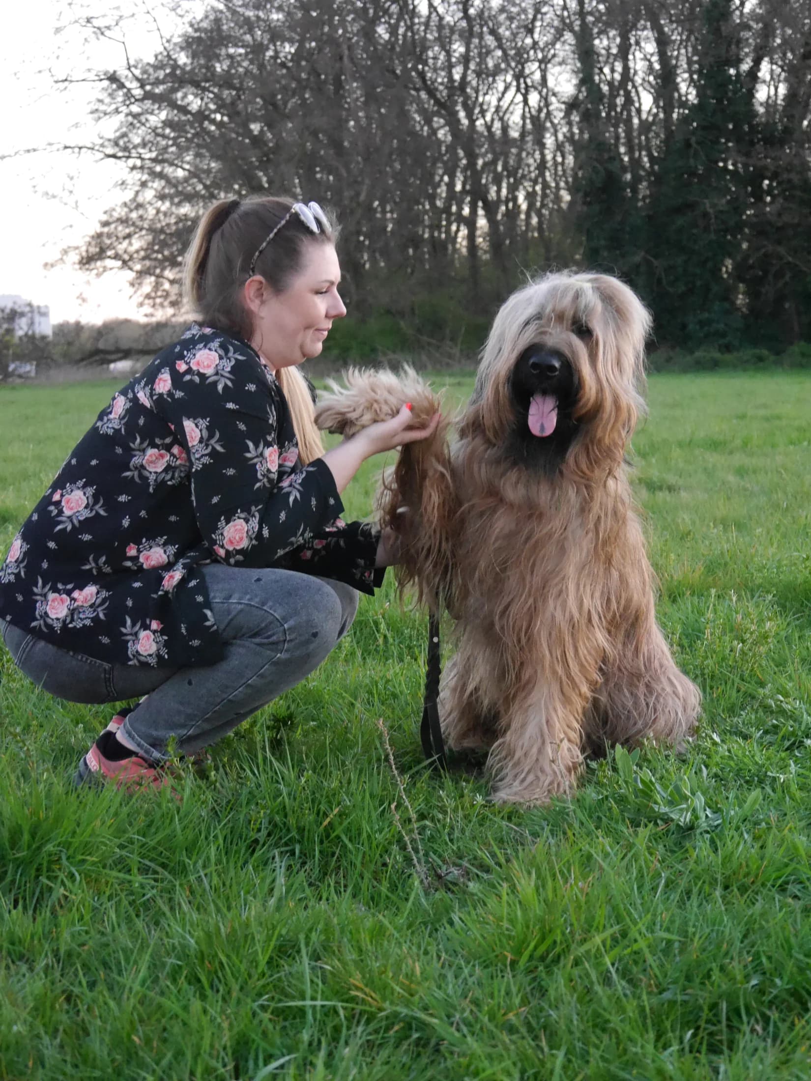 Frau kniet mit ihrem Hund auf einer grünen Wiese